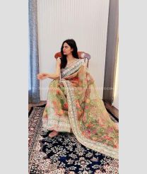 Mehndi Green and Pink color Organza sarees with flower design saree -ORGS0000364