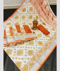 Half White and Orange color linen sarees handloom saree with all over digital printed sarees design -LINS0000306