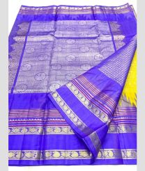 Yellow and Purple Blue color venkatagiri pattu sarees with all over kalamjali design -VAGP0001135