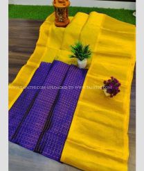 Blue and Mustard Yellow color kuppadam pattu handloom saree with all over checks and buties saree design -KUPP0036491