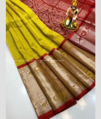 Mustard Yellow and Red color kuppadam pattu sarees with all over checks and buttas design -KUPP0097403