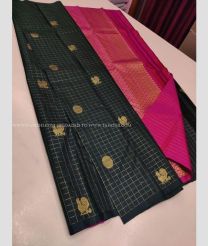 Pine Green and Pink color kanchi pattu handloom saree with All over Checks Design-KANP0007434