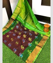 Chocolate and Parrot Green color uppada pattu sarees with all over technic buttas design -UPDP0022362