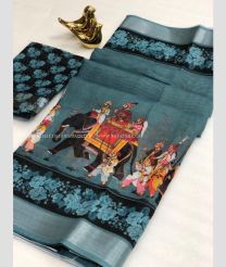 Medium Teal and Black color linen sarees with all over kalamakari design -LINS0003862