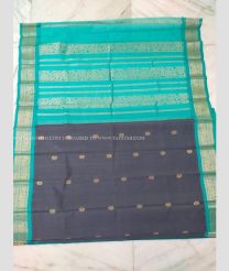 Dark Grey and Turquoise color gadwal cotton sarees with all over buttas design -GAWT0000463