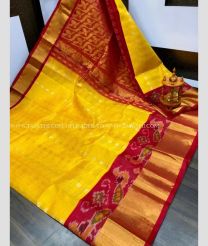 Mango Yellow and Red color kuppadam pattu handloom saree with Pochampally Border Design-KUPP0042789