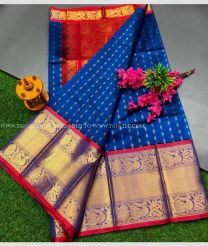 Red and Navy Blue color kuppadam pattu handloom saree with Kanchi Border Design-KUPP0046161