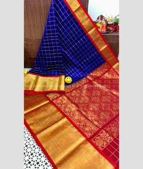 Blue and Red color kuppadam pattu handloom saree with all over checks and golden jari border saree design -KUPP0048394
