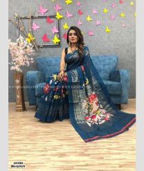 Peacock Blue color linen sarees with printed design saree -LINS0000886
