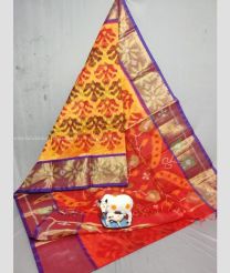 Mango Yellow and Tomato Red color Ikkat sico handloom saree with All over Printed Design-IKSS0000163
