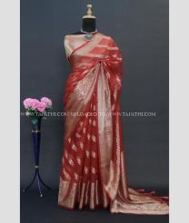 Tomato Red and Silver color Organza sarees with All over Strips Design-ORGS0001803
