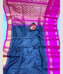 Neon Pink and Navy Blue color kuppadam pattu handloom saree with all over checks with temple border design -KUPP0054861