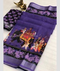 Purple and Black color linen sarees with all over kalamakari design -LINS0003857
