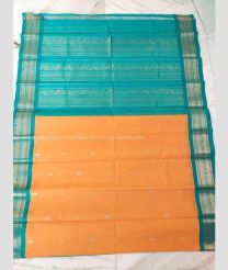 Peach and Blue Turquoise color gadwal cotton sarees with all over buttas design -GAWT0000467