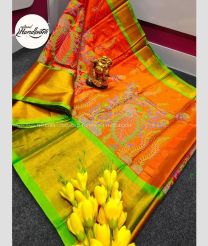 Orange and Parrot Green color Tripura Silk handloom saree with All over Ikkat Design-TRPP0003831