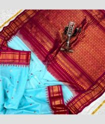Blue Turquoise and Red color gadwal sico sarees with temple kuttu border design -GAWI0000850