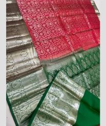Red and Green color kanchi pattu sarees with half and half modle brocate design -KANP0014128
