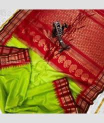 Parrot Green and Red color gadwal sico sarees with temple kuttu border design -GAWI0000846