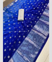 Royal Blue and Silver color Organza sarees with Jari Border Design-ORGS0001453