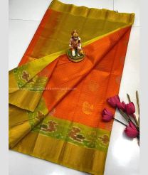 Orange and Acid Green color kuppadam pattu sarees with all over checks and buttas design -KUPP0097318