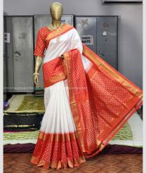 Half White and Orange color pochampally ikkat pure silk handloom saree with All over Pochampally ikkat design-PIKP0016988