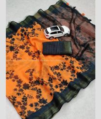 Orange and Pine Green color linen sarees with digital printed sarees design -LINS0000542
