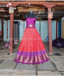 Red and Magnenta color Ikkat Lehengas with Pochampally Border Design-IKPL0000790