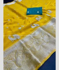 Yellow and Green color Organza sarees with peacock border saree design -ORGS0000494