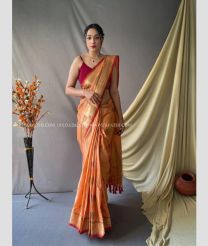Peach and Red color linen sarees with zari border saree design -LINS0000946