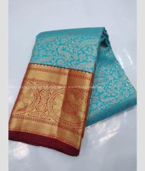 Sky Blue and Red color kanchi pattu handloom saree with Jari Border Design-KANP0006316