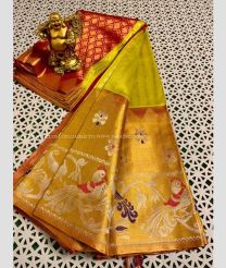 Yellow and Red color kuppadam pattu handloom saree with Jari Border Design-KUPP0025974