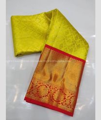 Lemon Yellow and Red color kanchi pattu handloom saree with peacock border saree design -KANP0005616