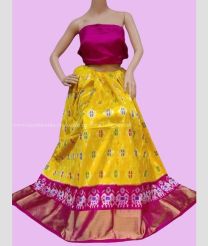 Yellow and Magenta color Ikkat Lehengas with Kaddy Border Design-IKPL0028388