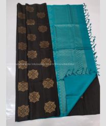 Black and Aqua Blue color kanchi pattu handloom saree with zari border saree design -KANP0005886