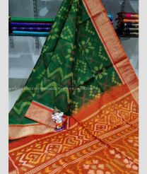 Pine Green and Orange color Ikkat sico sarees handloom saree with All over Pochampally design-IKSS0000117