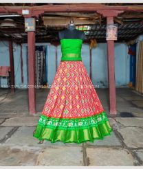 Orange and Parrot Green color Ikkat Lehengas with Pochampally Border Design-IKPL0000795