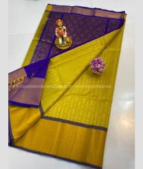 Blue and Mustard Yellow color Kollam Pattu sarees with kaddy border design -KOLP0001829
