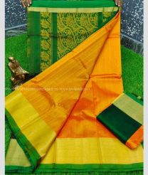 Green and Mango Yellow color kuppadam pattu handloom saree with All over Buttas Design-KUPP0035364