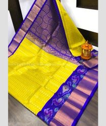 Yellow and Blue color kuppadam pattu handloom saree with Pochampally Border Design-KUPP0042816