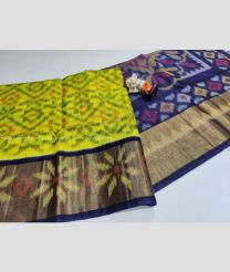 Mustard Yellow and Navy Blue color Ikkat sico handloom saree with All over Pochampally design-IKSS0000326