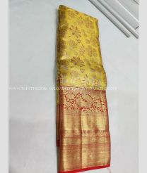 Lemon Yellow and Red color kanchi pattu handloom saree with Jari Border Design-KANP0006238