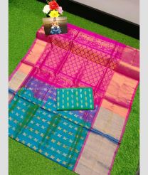Turquoise and Magenta color uppada pattu handloom saree with All over Buttas Design-UPDP0014851