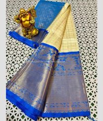 Blue and Cream color kuppadam pattu handloom saree with all over jill checks and buties saree design -KUPP0028200
