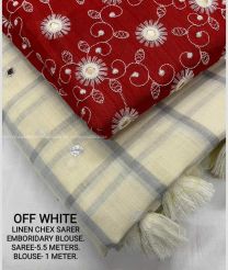 red and off white color linen sarees with All over Checks Design-LINS0002064