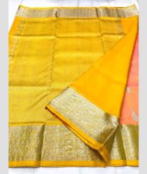 Peach and Yellow color venkatagiri pattu sarees with all over buttas design -VAGP0001191