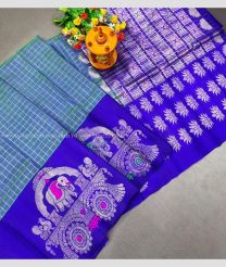 Grey and Dark Blue color kuppadam pattu handloom saree with All over Checks Design-KUPP0053734