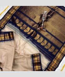 Cream and Navy Blue color gadwal sico sarees with temple kuttu border design -GAWI0000849