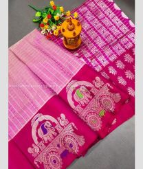 Baby Pink and Red color kuppadam pattu handloom saree with all over checks saree design -KUPP0053733