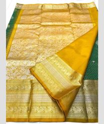 Pine Green and Golden Yellow color venkatagiri pattu sarees with all over checks and buttas design -VAGP0001137