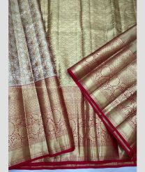 Cream and Crimson color kanchi pattu sarees with half and half modle brocate design -KANP0014133